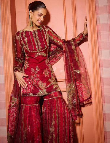 Exclusive Maroon Organza Sequence Embroidery Sharara Suit