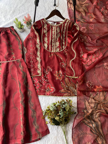 Exclusive Maroon Organza Sequence Embroidery Sharara Suit