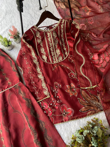 Exclusive Maroon Organza Sequence Embroidery Sharara Suit