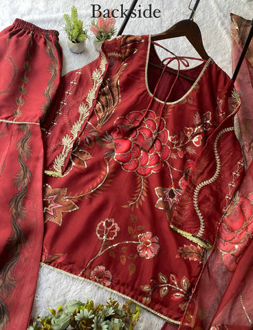 Exclusive Maroon Organza Sequence Embroidery Sharara Suit