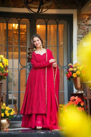 Exclusive Red Georgette Embroidery Work Anarkali Suit