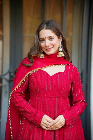 Exclusive Red Georgette Embroidery Work Anarkali Suit