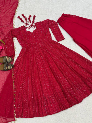 Exclusive Red Georgette Embroidery Work Anarkali Suit