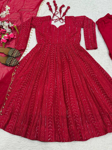 Exclusive Red Georgette Embroidery Work Anarkali Suit