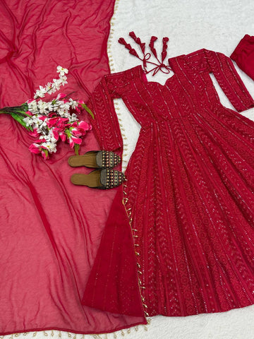 Exclusive Red Georgette Embroidery Work Anarkali Suit