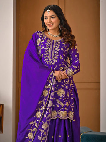 Exclusive Purple Heavy Chinnon Silk Sequence Lehenga
