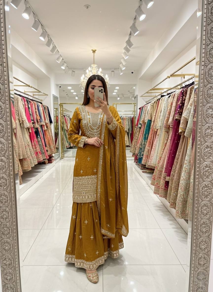 Charming Mustard Fendy-Silk Embroidery Sharara Suit