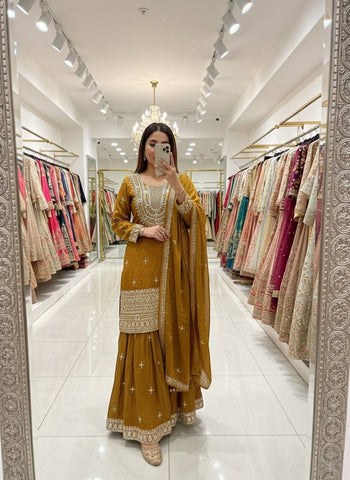 Charming Mustard Fendy-Silk Embroidery Sharara Suit
