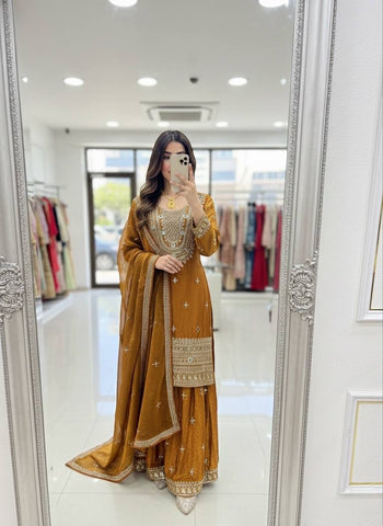 Charming Mustard Fendy-Silk Embroidery Sharara Suit