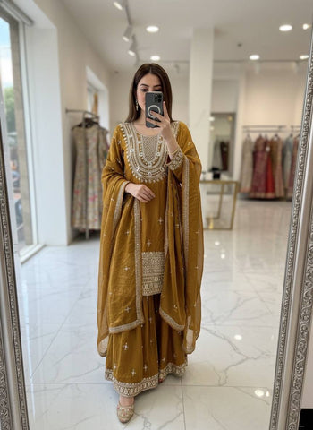 Charming Mustard Fendy-Silk Embroidery Sharara Suit