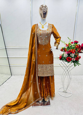 Charming Mustard Fendy-Silk Embroidery Sharara Suit