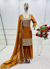 Charming Mustard Fendy-Silk Embroidery Sharara Suit