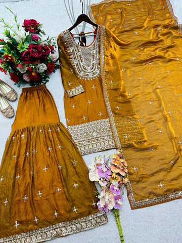 Charming Mustard Fendy-Silk Embroidery Sharara Suit