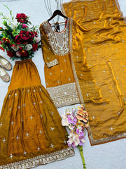 Charming Mustard Fendy-Silk Embroidery Sharara Suit