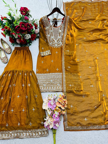 Charming Mustard Fendy-Silk Embroidery Sharara Suit