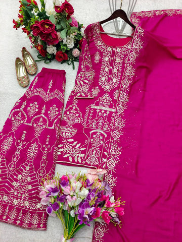 Exclusive Pink Silk Embroidery Work Sharara Suit