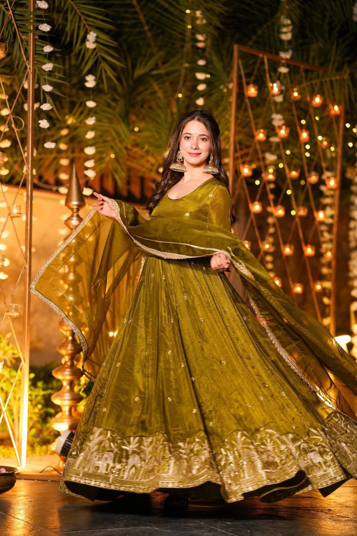 Amazing Olive Heavy Crunchy Silk Embroidery Work Anarkali Suit