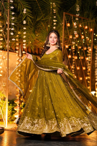 Amazing Olive Heavy Crunchy Silk Embroidery Work Anarkali Suit