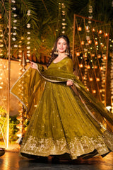 Amazing Olive Heavy Crunchy Silk Embroidery Work Anarkali Suit