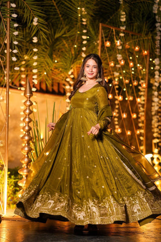 Amazing Olive Heavy Crunchy Silk Embroidery Work Anarkali Suit