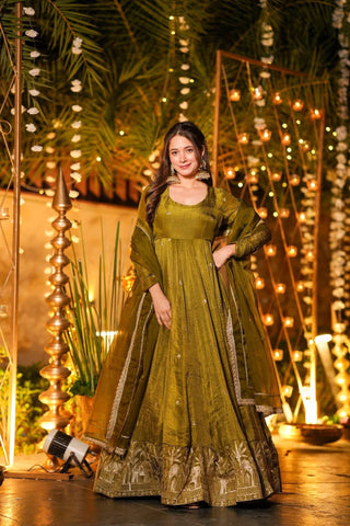 Amazing Olive Heavy Crunchy Silk Embroidery Work Anarkali Suit
