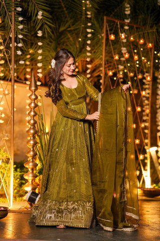 Amazing Olive Heavy Crunchy Silk Embroidery Work Anarkali Suit
