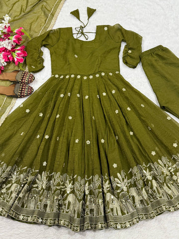 Amazing Olive Heavy Crunchy Silk Embroidery Work Anarkali Suit