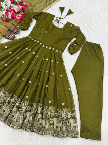 Amazing Olive Heavy Crunchy Silk Embroidery Work Anarkali Suit