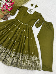 Amazing Olive Heavy Crunchy Silk Embroidery Work Anarkali Suit