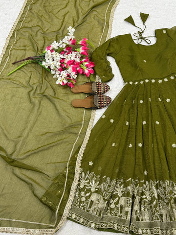Amazing Olive Heavy Crunchy Silk Embroidery Work Anarkali Suit