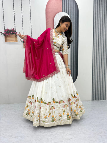 Exclusive White Vichitra Silk Heavy Embroidery Lehenga