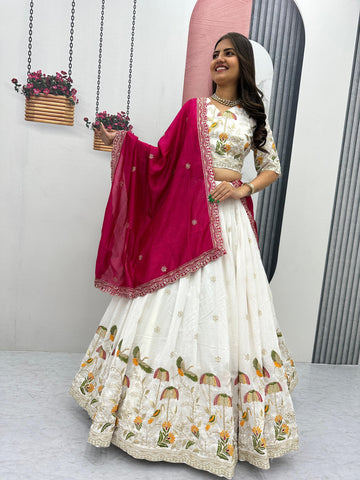 Exclusive White Vichitra Silk Heavy Embroidery Lehenga