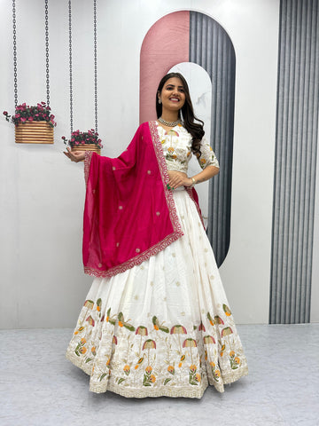 Exclusive White Vichitra Silk Heavy Embroidery Lehenga