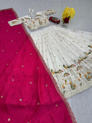 Exclusive White Vichitra Silk Heavy Embroidery Lehenga