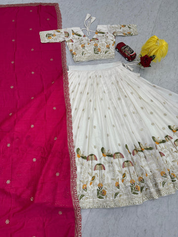 Exclusive White Vichitra Silk Heavy Embroidery Lehenga