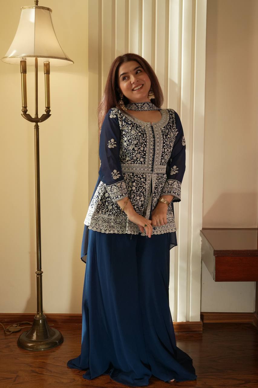 Beautiful Navy Georgette with Sequence Embroidery Kurti Set