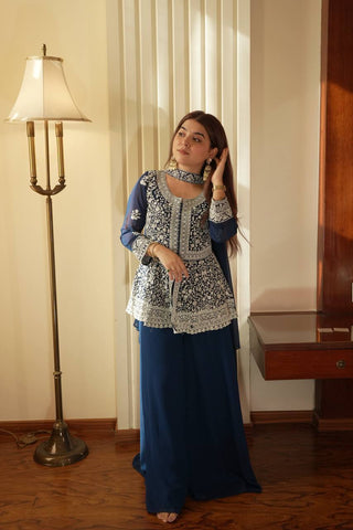 Beautiful Navy Georgette with Sequence Embroidery Kurti Set