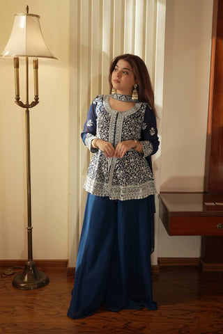 Beautiful Navy Georgette with Sequence Embroidery Kurti Set