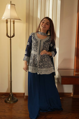 Beautiful Navy Georgette with Sequence Embroidery Kurti Set
