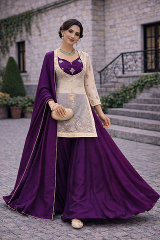 Lovely Purple Heavy Fandy Silk Embroidered Sharara Suit
