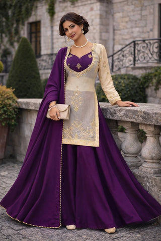 Lovely Purple Heavy Fandy Silk Embroidered Sharara Suit