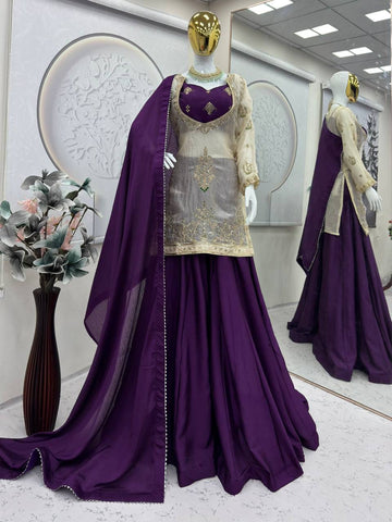 Lovely Purple Heavy Fandy Silk Embroidered Sharara Suit