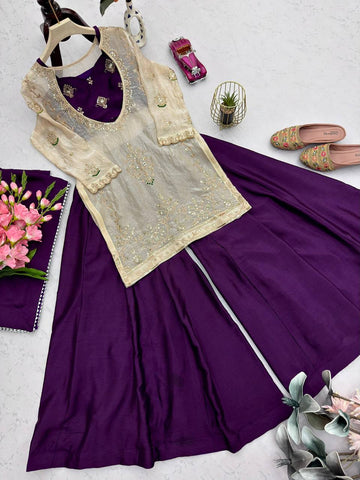 Lovely Purple Heavy Fandy Silk Embroidered Sharara Suit
