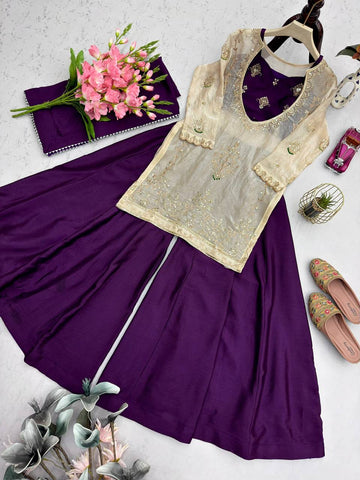 Lovely Purple Heavy Fandy Silk Embroidered Sharara Suit