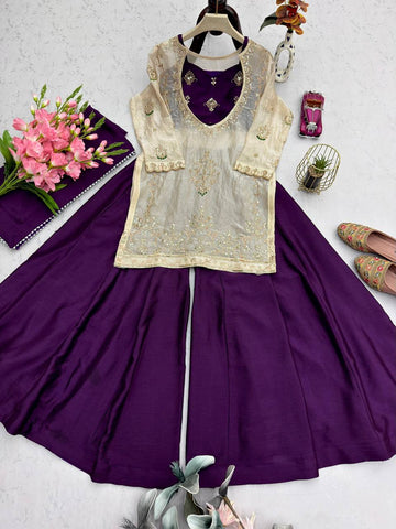 Lovely Purple Heavy Fandy Silk Embroidered Sharara Suit