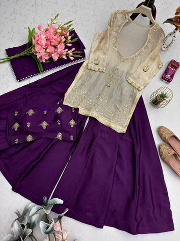 Lovely Purple Heavy Fandy Silk Embroidered Sharara Suit