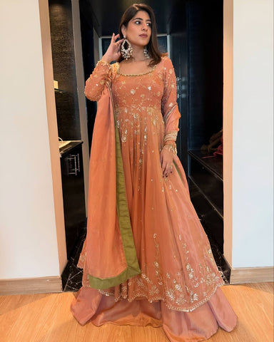Amazing Peach Star Georgette with Sequins Work Lehenga