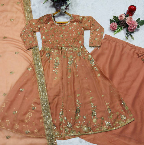 Amazing Peach Star Georgette with Sequins Work Lehenga