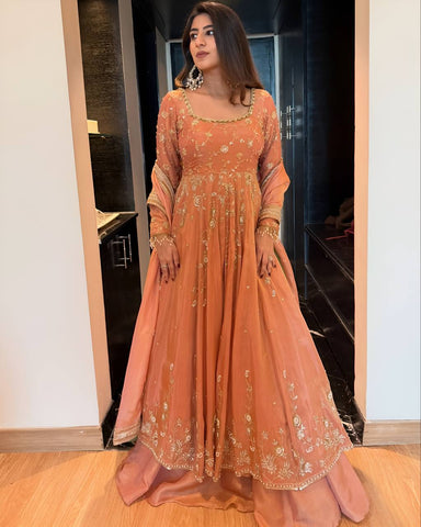 Amazing Peach Star Georgette with Sequins Work Lehenga
