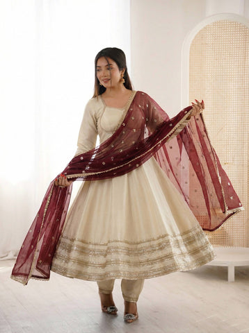 Exclusive Gold Cosmos Fabric with Heavy Lace Work Gown
